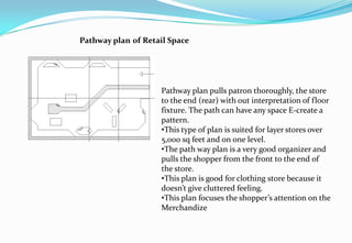 Pathway plan pulls patron thoroughly, the store
to the end (rear) with out interpretation of floor
fixture. The path can have any space E-create a
pattern.
•This type of plan is suited for layer stores over
5,000 sq feet and on one level.
•The path way plan is a very good organizer and
pulls the shopper from the front to the end of
the store.
•This plan is good for clothing store because it
doesn’t give cluttered feeling.
•This plan focuses the shopper’s attention on the
Merchandize
of Retail SpacePathway plan
 