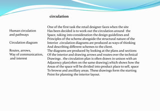 circulation
Human circulation
and pathways
Circulation diagram
Routes, arrows,
Way of communication,
and interest
One of the first task the retail designer faces when the site
Has been decided is to work out the circulation around the
Space, taking into consideration the design guidelines and
Principles of the scheme alongside the structural nature of the
Interior .circulation diagrams are produced as ways of thinking
And describing different schemes to the client.
The diagrams are produced by looking at the plans and sections
Of the interior and drawing arrows and routes over the technical
Drawings . the circulation plan is often drawn in unison with an
Adjacency plan(often on the same drawing),which shows how the
Areas of the space will be divided into product place to sell, space
To browse and ancillary areas. These drawings form the starting
Point for planning the interior layout.
 