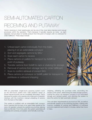 Carton receiving in most warehouses can be one of the most labor-intensive and manual
processes within the operation. That’s because it typically requires as many as eight
separate manual steps to handle product from the point of receipt until it is retrieved for
order fulﬁllment. These steps include:
SEMI-AUTOMATED CARTON
RECEIVING AND PUTAWAY
With an automated, single-touch receiving system—such
as the One-Touch system from TGW Systems—seven of
those manual touches can be completely eliminated. That’s
because the system only requires one initial point of operator
interface with the inventory: manual unloading of cartons
from the back of the trailer.
This system is outﬁtted with an extendable belt conveyor
that is reaches into the back of an open trailer parked at the
dock. An operator unloads the cartons one at a time, placing
them on the belt. From that point, the system automates all
receiving and putaway processes: automatically scanning,
weighing, validating the purchase order, reconciling the
receipt of the carton, determining the ideal storage position,
routing the carton via transport conveyor to an automated
storage and retrieval system, and directing the system to
store the carton for later automatic retrieval.
This cuts labor requirements by as much as 75%, as well as
dramatically speeds up the receiving process—making new
inventory available for picking and fulﬁllment of individual
and store replenishment orders in minutes, rather than hours
or days.
1. Unload each carton individually from the trailer,
placing it on an extendable conveyor
2. Sort and segregate cartons by SKU
3. Scan each carton to receive
4. Place cartons on pallets for transport by forklift to
point of putaway
5. Transfer cartons from forklift to rack or shelving for storage
6. Removal of cartons from storage rack for order fulﬁllment
7. Scan to conﬁrm retrieval of correct SKU
8. Place cartons on conveyor or forklift pallet for transport to
pickfaces or outbound shipping
 