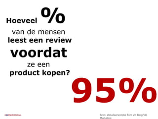 Hoeveel  %  van de mensen  leest een review  voordat   ze een  product kopen? 95% Bron: afstudeerscriptie Tom v/d Berg VU Marketing 