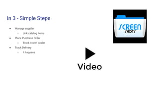 In 3 - Simple Steps
● Manage supplier
○ Link catalog items
● Place Purchase Order
○ Track it with dealer
● Track Delivery
○ It happens
 