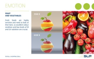 3500 K
6500 K
EMOTION
FRUIT
AND VEGETABLES
Fresh foods are highly
sensitive and need to look at
their best, so excellent colour
rendition and low levels of IR
and UV radiation are crucial.
RETAIL & SHOPPING MALL
 
