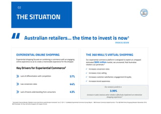 EXPERIENTIAL ONLINE SHOPPING
57%
44%
43%
Key Drivers for Experiential Commerce2
THE 360 MALL’S VIRTUAL SHOPPING
Our experiential commerce platform is designed to exploit an untapped
estimated $695 million market, we uncovered, that Australian
retailers can penetrate.3
THE SITUATION
1 Australian Financial Review “Retailers must move fast to avoid Amazon trainwreck” Jan 27 2017; 2 CoreMedia Experiential Commerce Survey Report - IBM Smarter Commerce Global Summit; 3 The 360 Mall Online Shopping Research November 2016
(825 Australian 18-34yr old online shoppers, 6% margin of error).
Experiential shopping focuses on combining e-commerce with an engaging
online experience so as to create a memorable experience for the shopper.
Lack of differentiation with competition
Low conversion rates
Lack of brand understanding from consumers
Increases conversion rates
Increases cross-selling
Increases customer satisfaction, engagement & loyalty
Increases brand awareness
“ Australian retailers… the time to invest is now1
Our analysis predicts a
3.99%
increase in sales revenue when retailers effectively implement an interactive
shopping experience.3
02
 