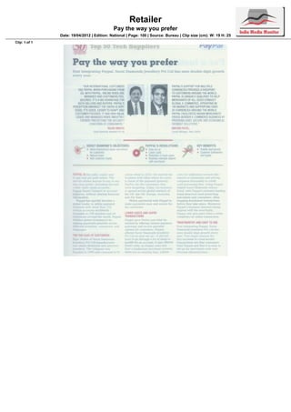 Retailer
                                            Pay the way you prefer
               Date: 19/04/2012 | Edition: National | Page: 100 | Source: Bureau | Clip size (cm): W: 19 H: 25
Clip: 1 of 1
 