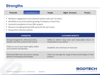 Strengths
Financials

•
•
•
•
•

Track Record
Financials

People

Mgmt. Structure

Process

Multiyear engagements and sustained relations with over 55 clients
Identified as one of the fastest growing IT company in South Asia
Successful completion of over 500+ projects
Resource strength growing 150% yearly for the last 2 years
Strong client retention policies
STRENGTHS

CUSTOMER BENEFITS

Strong management, ethical practices,
healthy cash flow, proven track record.

Ability to deliver long term and measurable return on
investments to our clients

Ability to recruit and retain highly skilled
and qualified staff globally.

Scalability and continuity of resources

Dedicated R&D team focused on staying
abreast of emerging technologies.

Client can leverage the usage of these technologies in their
projects

©SOD Technologies Pvt Ltd. Confidential

01/08/14

 