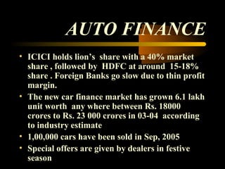 AUTO FINANCE
• ICICI holds lion’s share with a 40% market
  share , followed by HDFC at around 15-18%
  share . Foreign Banks go slow due to thin profit
  margin.
• The new car finance market has grown 6.1 lakh
  unit worth any where between Rs. 18000
  crores to Rs. 23 000 crores in 03-04 according
  to industry estimate
• 1,00,000 cars have been sold in Sep, 2005
• Special offers are given by dealers in festive
  season                                34
 