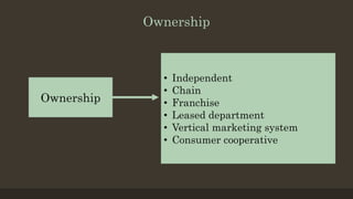 Ownership
Ownership
• Independent
• Chain
• Franchise
• Leased department
• Vertical marketing system
• Consumer cooperative
 