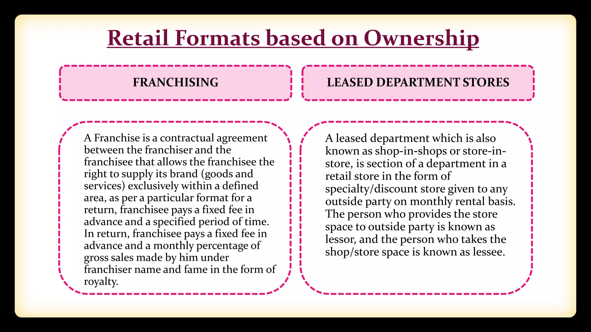 Retail Formats based on Ownership
FRANCHISING
A Franchise is a contractual agreement
between the franchiser and the
franchisee that allows the franchisee the
right to supply its brand (goods and
services) exclusively within a defined
area, as per a particular format for a
return, franchisee pays a fixed fee in
advance and a specified period of time.
In return, franchisee pays a fixed fee in
advance and a monthly percentage of
gross sales made by him under
franchiser name and fame in the form of
royalty.
LEASED DEPARTMENT STORES
A leased department which is also
known as shop-in-shops or store-in-
store, is section of a department in a
retail store in the form of
specialty/discount store given to any
outside party on monthly rental basis.
The person who provides the store
space to outside party is known as
lessor, and the person who takes the
shop/store space is known as lessee.
 