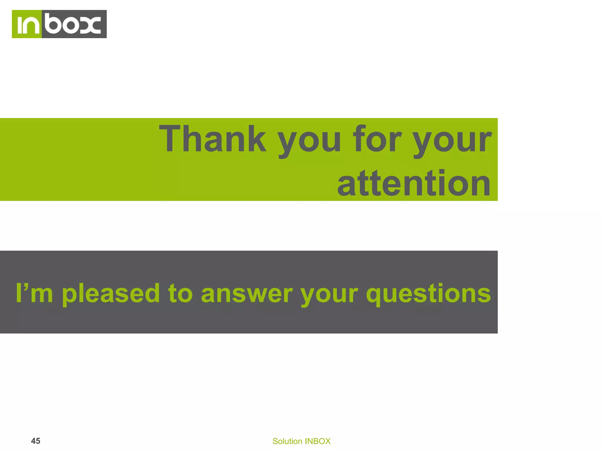 The efficiency at hand
The more I buy, the
more I get!

Where
Share of profit

Greatest
effectiveness
Who

How

Share of Mind

Share of Heart

They know what I
need!

44

They take care of me!

Solution INBOX

 