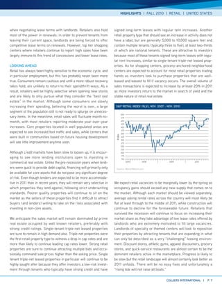 HIGHLIGHTS | FALL 2010 | RETAIL | UNITED STATES



when negotiating lease terms with landlords. Retailers also hold         signed long-term leases with regular rent increases. Another
most of the power in renewals: in order to prevent tenants from          retail property type that should see an increase in activity does not
leaving their current space, landlords are being forced to offer         have a label, but are generally 5,000 to 10,000 square feet and
competitive lease terms on renewals. However, top tier shopping          contain multiple tenants (typically three to five), at least two-thirds
centers where retailers continue to report high sales have been          of which are national tenants. These are attractive to investors
largely immune to this trend of concessions and lower lease rates.       because most of these tenants signed long-term leases with regu-
                                                                         lar rent increases, similar to single-tenant triple-net leased prop-
lookINg AHEAD                                                            erties. As for shopping centers, grocery-anchored neighborhood
Retail has always been highly sensitive to the economic cycle, and       centers are expected to account for most retail properties trading
in particular employment, but this has probably never been more          hands as investors look to purchase properties that are well-
true. Consumers remain cautious and until a more robust recovery         leased and easiest to fill if vacancy occurs. The overall volume of
takes hold, are unlikely to return to their spendthrift ways. As a       sales transactions is expected to increase by at least 20% in 2011
result, retailers will be highly selective when opening new stores       as more investors return to the market in search of yield and the
and are likely to only pursue what they consider the “best real          stable nature of retail real estate.
estate” in the market. Although some consumers are slowly
increasing their spending, believing the worst is over, a large           S&P RETAIl INDEX (RlX), NoV. 2007 - NoV. 2010
segment of the population still is not ready to splurge on unneces-
                                                                                  500
sary items. In the meantime, retail sales will fluctuate month-to-                475

month, with most retailers reporting moderate year-over-year                      450
                                                                                  425
increases. Core properties located in well-populated areas are                    400
                                                                                  375
expected to see increased foot traffic and sales, while centers that              350
                                                                          Index




were built in communities based on future housing development                     325
                                                                                  300
will see little improvement anytime soon.                                         275
                                                                                  250
                                                                                  225
Although credit markets have been slow to loosen up, it is encour-                200
                                                                                  175
aging to see more lending institutions open to investing in                       150
commercial real estate. Unlike the pre-recession years when lend-                       2007   2008             2009               2010


ers were quick to provide debt capital, financing will primarily only     Source: MarketWatch.com
be available for core assets that do not pose any significant degree
of risk. Even though lenders are expected to be more accommoda-
tive in 2011 than in recent years, they will remain very selective in    We expect retail vacancies to be marginally lower by the spring as
which properties they lend against, following strict underwriting        occupancy gains should exceed any new supply that comes on to
standards. Poorer quality properties will continue to sit on the         the market. Although each market should be viewed separately,
market as the sellers of these properties find it difficult to attract   average asking rental rates across the country will most likely be
buyers (and lenders) willing to take on the risks associated with        flat at least through to the middle of 2011, while construction will
investing in non-core assets.                                            continue to decline for the foreseeable future. Retailers that
                                                                         survived the recession will continue to focus on increasing their
We anticipate the sales market will remain dominated by prime            market share as they take advantage of low lease rates offered by
real estate occupied by well known retailers, preferably with            landlords who are extremely motivated to fill large vacancies.
strong credit ratings. Single-tenant triple-net leased properties        Landlords of specialty or themed centers will look to reposition
are sure to remain in high demand also. Triple-net properties were       their properties by attracting tenants that are expanding in what
the first retail property type to witness a drop in cap rates and are    can only be described as a very “challenging” leasing environ-
more than likely to continue leading cap rates lower. Strong retail      ment. Discount stores, athletic gyms, apparel discounters, grocery
properties are sure to continue attracting multiple bids and occa-       stores, and quick-service restaurants are almost certain to be the
sionally command sale prices higher than the asking price. Single        dominant retailers active in the marketplace. Progress is likely to
tenant triple-net leased properties in particular will continue to be    be slow but the retail landscape will almost certainly look better as
highly sought after because they offer investors a low-risk invest-      2011 unfolds. There will be no easy fixes and unfortunately a
ment through tenants who typically have strong credit and have           “rising tide will not raise all boats.”

                                                                                                              collIERS INTERNATIoNAl |      P. 7
 