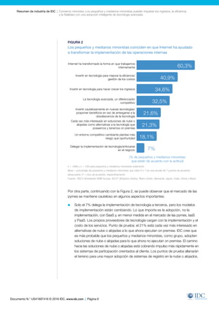 Documento N.° US41697416 © 2016 IDC. www.idc.com | Página 6
Resumen de industria de IDC  |  Comercio minorista: Los pequeños y medianos minoristas pueden impulsar los ingresos, la eficiencia
y la fidelidad con una adopción inteligente de tecnología avanzada
Internet has transformed
the way we work internally
Invest in technology to improve
efficiency/manage costs
Advanced technology
a competitive differentiator
Cautious investing in new
technology/postpone benefits rather
than risk technology obsolescence
Increasingly interested in “cloud” or
“hosted” solutions as alternatives to
technology we own and have on-premises
Changing competitive environment
poses more risk than opportunity
Delegate technology implementation/
focus on business
Invest in technology to grow revenue
(% small and midsize retailers agreeing with attitude)
Por otra parte, continuando con la Figura 2, se puede observar que el mercado de las
pymes se mantiene cauteloso en algunos aspectos importantes:
	 Solo el 7% delega la implementación de tecnología a terceros, pero los modelos
de implementación están cambiando. Lo que importa es la adopción, no la
implementación, con SaaS y, en menor medida en el mercado de las pymes, IaaS
y PaaS. Los propios proveedores de tecnología cargan con la implementación y el
costo de los servicios. Punto de prueba: el 21% está cada vez más interesado ​​en
alternativas de nube o alojadas a lo que ahora ejecutan on premise. IDC cree que
es más probable que los pequeños y medianos minoristas, como grupo, adopten
soluciones de nube o alojadas para lo que ahora no ejecutan on premise. El camino
hacia las soluciones de nube o alojadas está cobrando impulso más rápidamente en
los sistemas de participación orientados al cliente. Los puntos de prueba allanarán
el terreno para una mayor adopción de sistemas de registro en la nube o alojados.
FIGURA 2
Los pequeños y medianos minoristas coinciden en que Internet ha ayudado
a transformar la implementación de las operaciones internas
n = 1889 y n = 126 para pequeños y medianos minoristas solamente
Base = porcentaje de pequeños y medianos minoristas que citan 6 o 7 en una escala de 7 puntos de acuerdo/
desacuerdo (7 = muy de acuerdo). respectivamente
Fuente: “IDC’s Worldwide SMB Survey, 4Q15” (Estados Unidos, Reino Unido, Alemania, Japón, India, China y Brasil
Invertir en tecnología para mejorar la eficiencia/
gestión de los costos
60,3%
(% de pequeños y medianos minoristas
que están de acuerdo con la actitud)
Internet ha transformado la forma en que trabajamos
internamente
La tecnología avanzada, un diferenciador
competitivo
Invertir en tecnología para hacer crecer los ingresos
Cada vez más interesado en soluciones de nube o
alojadas como alternativas a la tecnología que
poseemos y tenemos on premise
Invertir cautelosamente en nuevas tecnologías/
posponer beneficios en vez de arriesgarse a la
obsolescencia de la tecnología
Delegar la implementación de tecnología/enfocarse
en el negocio
Un entorno competitivo cambiante plantea más
riesgo que oportunidad
40,9%
34,6%
32,5%
21,6%
21,3%
18,1%
7%
 