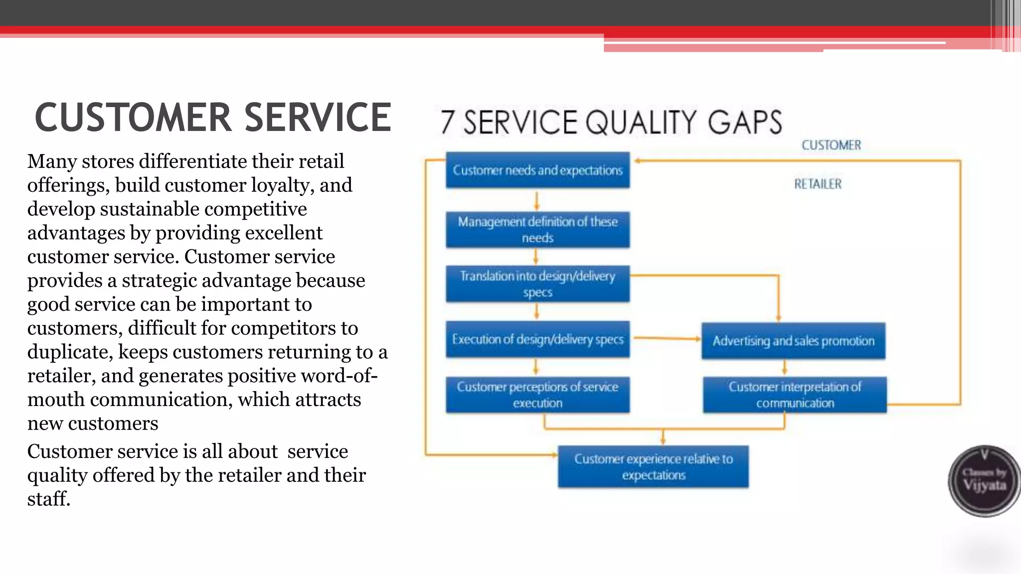 CUSTOMER SERVICE
Many stores differentiate their retail
offerings, build customer loyalty, and
develop sustainable competitive
advantages by providing excellent
customer service. Customer service
provides a strategic advantage because
good service can be important to
customers, difficult for competitors to
duplicate, keeps customers returning to a
retailer, and generates positive word-of-
mouth communication, which attracts
new customers
Customer service is all about service
quality offered by the retailer and their
staff.
 
