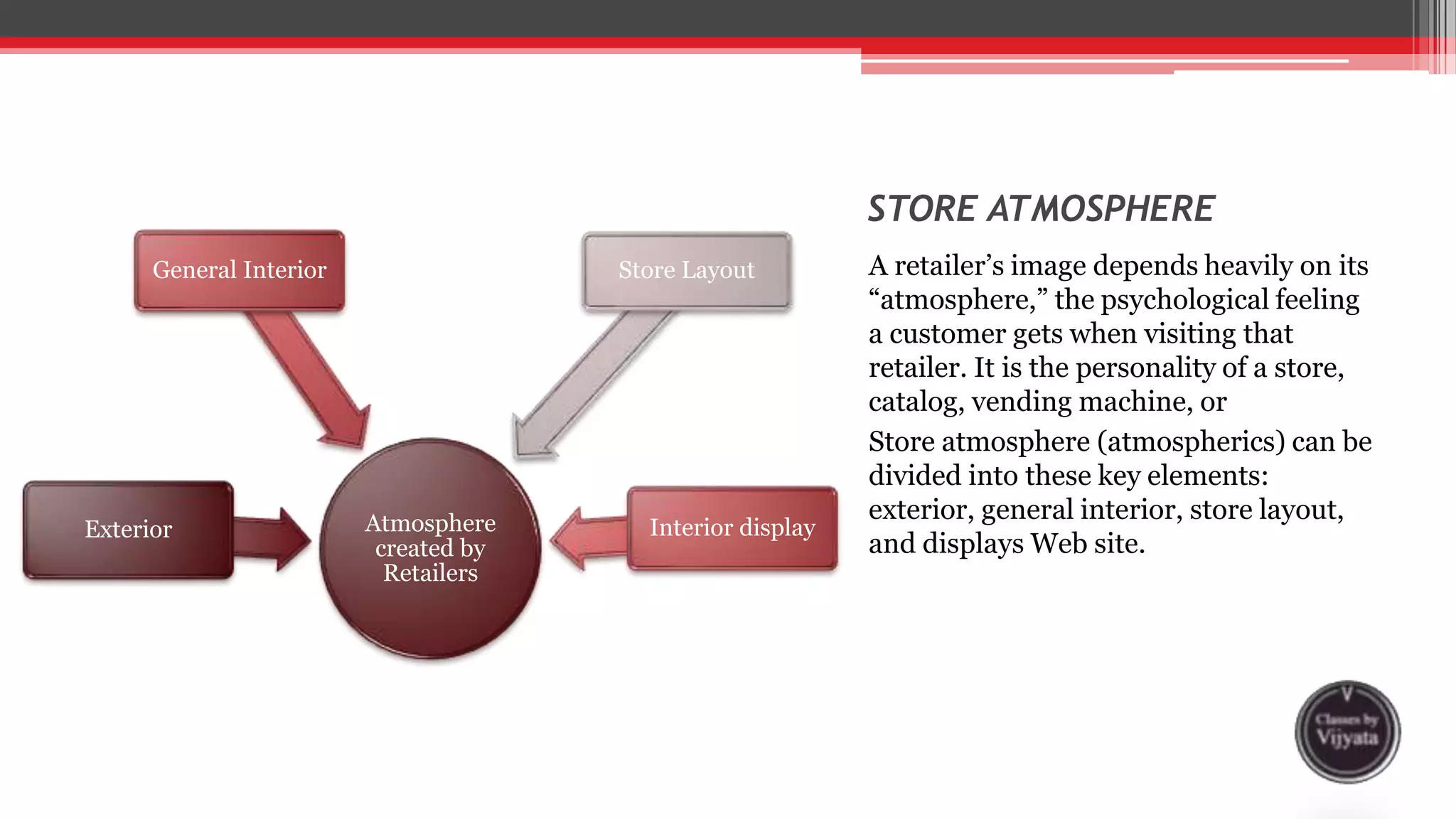 STORE ATMOSPHERE
A retailer’s image depends heavily on its
“atmosphere,” the psychological feeling
a customer gets when visiting that
retailer. It is the personality of a store,
catalog, vending machine, or
Store atmosphere (atmospherics) can be
divided into these key elements:
exterior, general interior, store layout,
and displays Web site.
Atmosphere
created by
Retailers
Exterior
General Interior Store Layout
Interior display
 