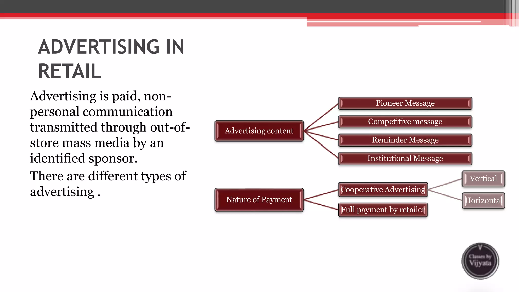 ADVERTISING IN
RETAIL
Advertising is paid, non-
personal communication
transmitted through out-of-
store mass media by an
identified sponsor.
There are different types of
advertising .
Advertising content
Pioneer Message
Competitive message
Reminder Message
Institutional Message
Nature of Payment
Cooperative Advertising
Vertical
Horizontal
Full payment by retailer
 