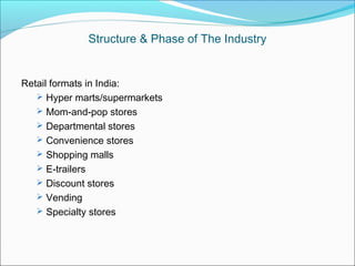 Structure & Phase of The Industry


Retail formats in India:
    Hyper marts/supermarkets
    Mom-and-pop stores
    Departmental stores
    Convenience stores
    Shopping malls
    E-trailers
    Discount stores
    Vending
    Specialty stores
 