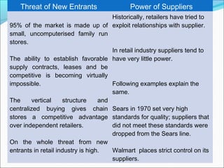 Threat of New Entrants                   Power of Suppliers
                                       Historically, retailers have tried to
95% of the market is made up of exploit relationships with supplier.
small, uncomputerised family run
stores.
                                       In retail industry suppliers tend to
The ability to establish favorable have very little power.
supply contracts, leases and be
competitive is becoming virtually
impossible.                            Following examples explain the
                                       same.
The      vertical    structure     and
centralized buying gives chain Sears in 1970 set very high
stores a competitive advantage standards for quality; suppliers that
over independent retailers.            did not meet these standards were
                                       dropped from the Sears line.
On the whole threat from new
entrants in retail industry is high.   Walmart places strict control on its
                                       suppliers.
 