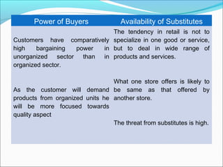 Power of Buyers               Availability of Substitutes
                                The tendency in retail is not to
Customers have comparatively specialize in one good or service,
high    bargaining    power  in but to deal in wide range of
unorganized    sector   than in products and services.
organized sector.

                                 What one store offers is likely to
As the customer will demand be same as that offered by
products from organized units he another store.
will be more focused towards
quality aspect
                                 The threat from substitutes is high.
 