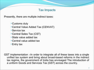 Tax Impacts

Presently, there are multiple indirect taxes:

     Customs   duty
     Central Value Added Tax (CENVAT)
     Service tax
     Central Sales Tax (CST)
     State value added tax
     Central value added tax
     Entry tax




GST implementation :-In order to integrate all of these taxes into a single
 unified tax system and bring about broad-based reforms in the indirect
 tax regime, the government of India has envisaged The introduction of
 a uniform Goods and Services Tax (GST) across the country.
                                                                          7
 