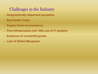 Challenges in the Industry
   Geographically dispersed population
   Real Estate Costs
   Supply Chain Inconsistency
   Poor Infrastructure and little use of IT systems
   Existence of counterfeit goods
   Lack of Skilled Manpower
 
