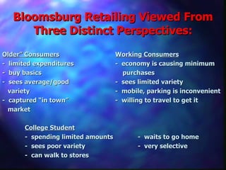 Bloomsburg Retailing Viewed From Three Distinct Perspectives: Older” Consumers Working Consumers -  limited expenditures -  economy is causing minimum -  buy basics     purchases -  sees average/good -  sees limited variety variety -  mobile, parking is inconvenient -  captured “in town” -  willing to travel to get it market College Student -  spending limited amounts -  waits to go home -  sees poor variety -  very selective -  can walk to stores 