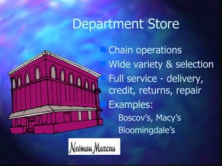 Department Store Chain operations Wide variety & selection Full service - delivery, credit, returns, repair  Examples: Boscov’s, Macy’s Bloomingdale’s 