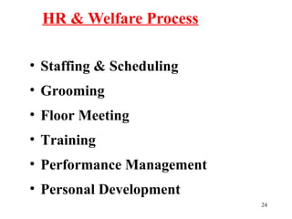 24
• Staffing & Scheduling
• Grooming
• Floor Meeting
• Training
• Performance Management
• Personal Development
HR & Welfare Process
 