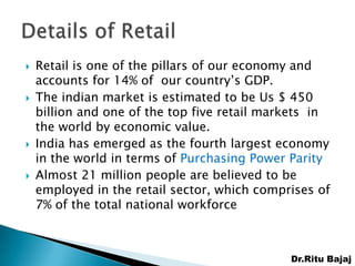    Retail is one of the pillars of our economy and
    accounts for 14% of our country’s GDP.
   The indian market is estimated to be Us $ 450
    billion and one of the top five retail markets in
    the world by economic value.
   India has emerged as the fourth largest economy
    in the world in terms of Purchasing Power Parity
   Almost 21 million people are believed to be
    employed in the retail sector, which comprises of
    7% of the total national workforce



                                              Dr.Ritu Bajaj
 