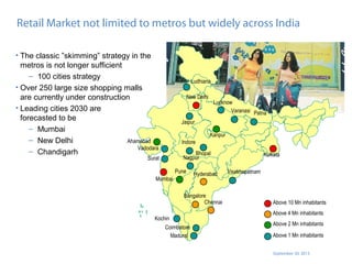 September 30, 2013
Retail Market not limited to metros but widely across India
• The classic ”skimming” strategy in the
metros is not longer sufficient
– 100 cities strategy
• Over 250 large size shopping malls
are currently under construction
• Leading cities 2030 are
forecasted to be
– Mumbai
– New Delhi
– Chandigarh
New Delhi
Bangalore
Mumbai
Chennai
Kolkata
Ahamabad
HyderabadPune
Above 10 Mn inhabitants
Above 4 Mn inhabitants
Above 2 Mn inhabitants
Above 1 Mn inhabitants
Kanpur
Lucknow
Jaipur
Nagpur
Coimbatore
Bhopal
Madurai
Kochin
Varanasi
Visakhapatnam
Patna
Indore
Surat
Vadodara
Ludhiana
 
