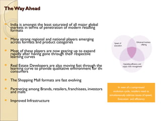The Way AheadThe Way Ahead
 India is amongst the least saturated of all major global
markets in terms of penetration of modern retailing
formats
 Many strong regional and national players emerging
across formats and product categories
 Most of these players are now gearing up to expand
rapidly after having gone through their respective
learning curves
 Real Estate Developers are also moving fast through the
learning curve to provide qualitative environment for the
consumers
 The Shopping Mall formats are fast evolving
 Partnering among Brands, retailers, franchisees, investors
and malls
 Improved Infrastructure
In view of a compressed
evolution cycle, retailers need to
simultaneously address issues of speed,
Execution and efficiency
 