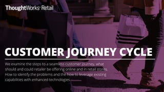 We examine the steps to a seamless customer journey, what
should and could retailer be oﬀering online and in retail stores.
How to identify the problems and the how to leverage existing
capabilities with enhanced technologies.
CUSTOMER JOURNEY CYCLE
 