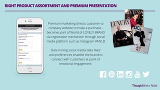 Premium marketing directs customer to
company website to make a purchase -
becomes part of World of LOVELY BRAND
via registration mechanism through social
media platform such as Instagram #MYLB
Data mining social media data ‘likes’
and preferences enabled the brand to
connect with customers at point of
emotional engagement.
RIGHTPRODUCTASSORTMENTANDPREMIUMPRESENTATION
 