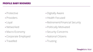 PROFILE: BABY BOOMERS
•  Digitally Aware
•  Health Focused
•  Retirement/Financial Security
•  Politically Motivated
•  Security Concerns
•  National Citizens
•  Trusting
•  Protective
•  Providers
•  Loyal
•  Networked
•  Macro Economy
•  Corporate Employed
•  Travelled
 