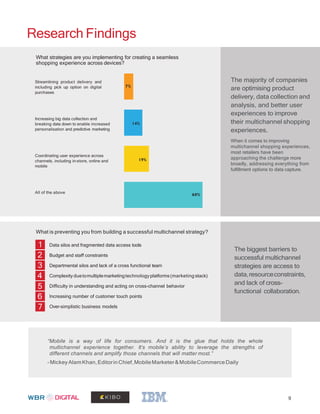Research Findings
What strategies are you implementing for creating a seamless
shopping experience across devices?
The majority of companies
are optimising product
delivery, data collection and
analysis, and better user
experiences to improve
their multichannel shopping
experiences.
When it comes to improving
multichannel shopping experiences,
most retailers have been
approaching the challenge more
broadly, addressing everything from
fulfillment options to data capture.
Streamlining product delivery and
including pick up option on digital
purchases
Increasing big data collection and
breaking data down to enable increased
personalisation and predictive marketing
Coordinating user experience across
channels, including in-store, online and
mobile
All of the above
What is preventing you from building a successful multichannel strategy?
The biggest barriers to
successful multichannel
strategies are access to
data,resourceconstraints,
and lack of cross-
functional collaboration.
Data silos and fragmented data access tools
Budget and staff constraints
Departmental silos and lack of a cross functional team
Complexity duetomultiplemarketingtechnologyplatforms(marketing stack)
Difficulty in understanding and acting on cross-channel behavior
Increasing number of customer touch points
Over-simplistic business models
9
“Mobile is a way of life for consumers. And it is the glue that holds the whole
multichannel experience together. It’s mobile’s ability to leverage the strengths of
different channels and amplify those channels that will matter most.”
-MickeyAlamKhan,Editorin Chief,MobileMarketer&MobileCommerce Daily
1
2
3
4
5
6
7
60%
19%
14%
7%
 