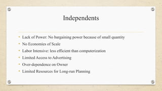 Independents
• Lack of Power: No bargaining power because of small quantity
• No Economies of Scale
• Labor Intensive: less efficient than computerization
• Limited Access to Advertising
• Over-dependence on Owner
• Limited Resources for Long-run Planning
 