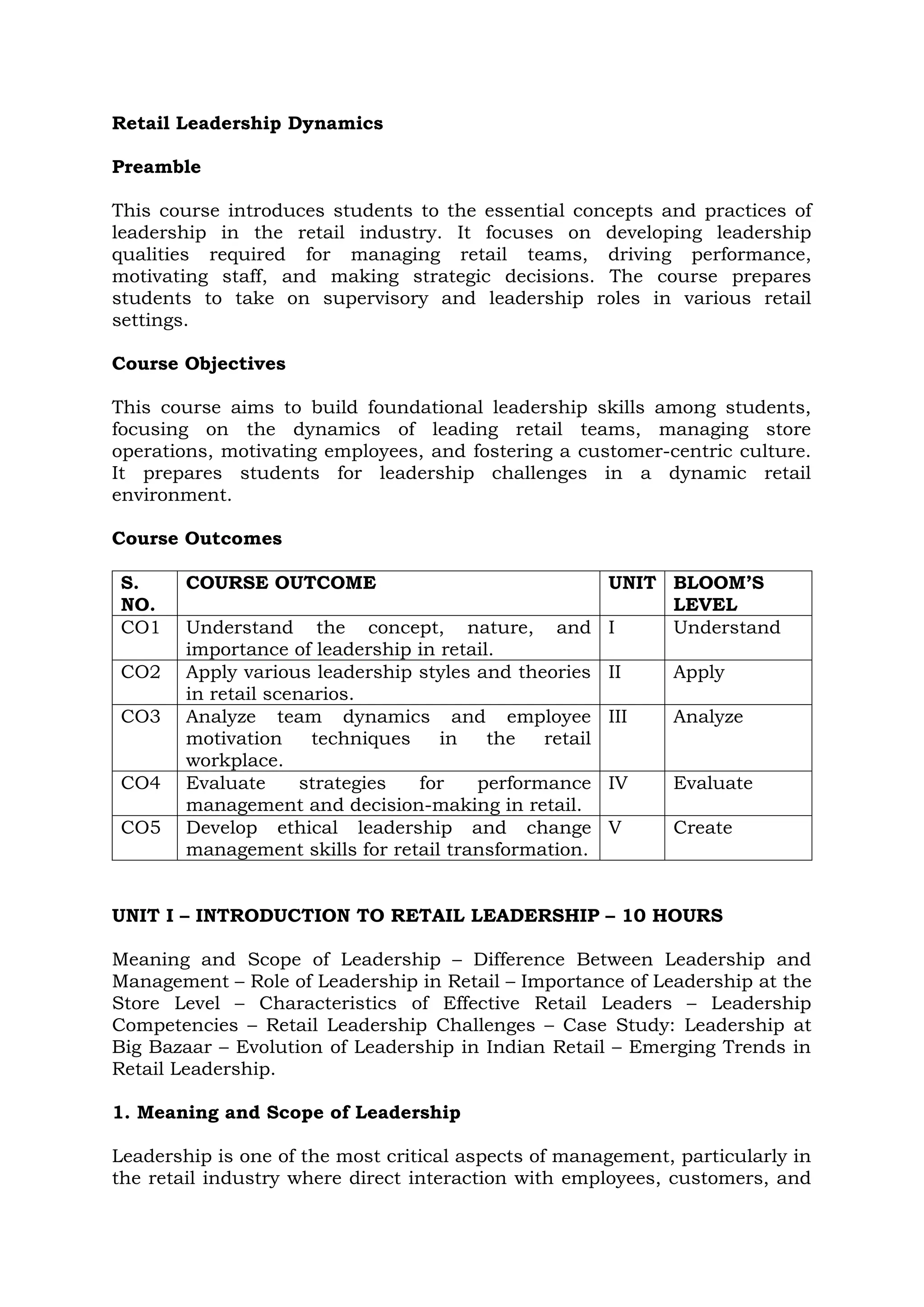 Retail Leadership Dynamics Full Unit Notes | DOCX