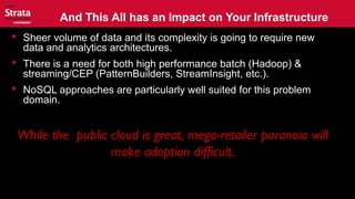 And This All has an Impact on Your Infrastructure
 Sheer volume of data and its complexity is going to require new
data and analytics architectures.
 There is a need for both high performance batch (Hadoop) &
streaming/CEP (PatternBuilders, StreamInsight, etc.).
 NoSQL approaches are particularly well suited for this problem
domain.
While the public cloud is great, mega-retailer paranoia will
make adoption difficult.
 