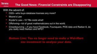 The Good News: Financial Constraints are Disappearing
With the advent of:
 OSS—who buys database licenses any more?
 Moore’s Law
 Kryder's Law—10 TBs costs what!
 Offshoring—lot of great mathematicians out in the world.
 Crowdsourcing —if you have Facebook, Foursquare, POS data and Radian 6, do
you really need Nielsen and NPD?
Bottom Line: You no longer need to make a Wal-MartBottom Line: You no longer need to make a Wal-Mart
size investment to analyze your data.size investment to analyze your data.
 