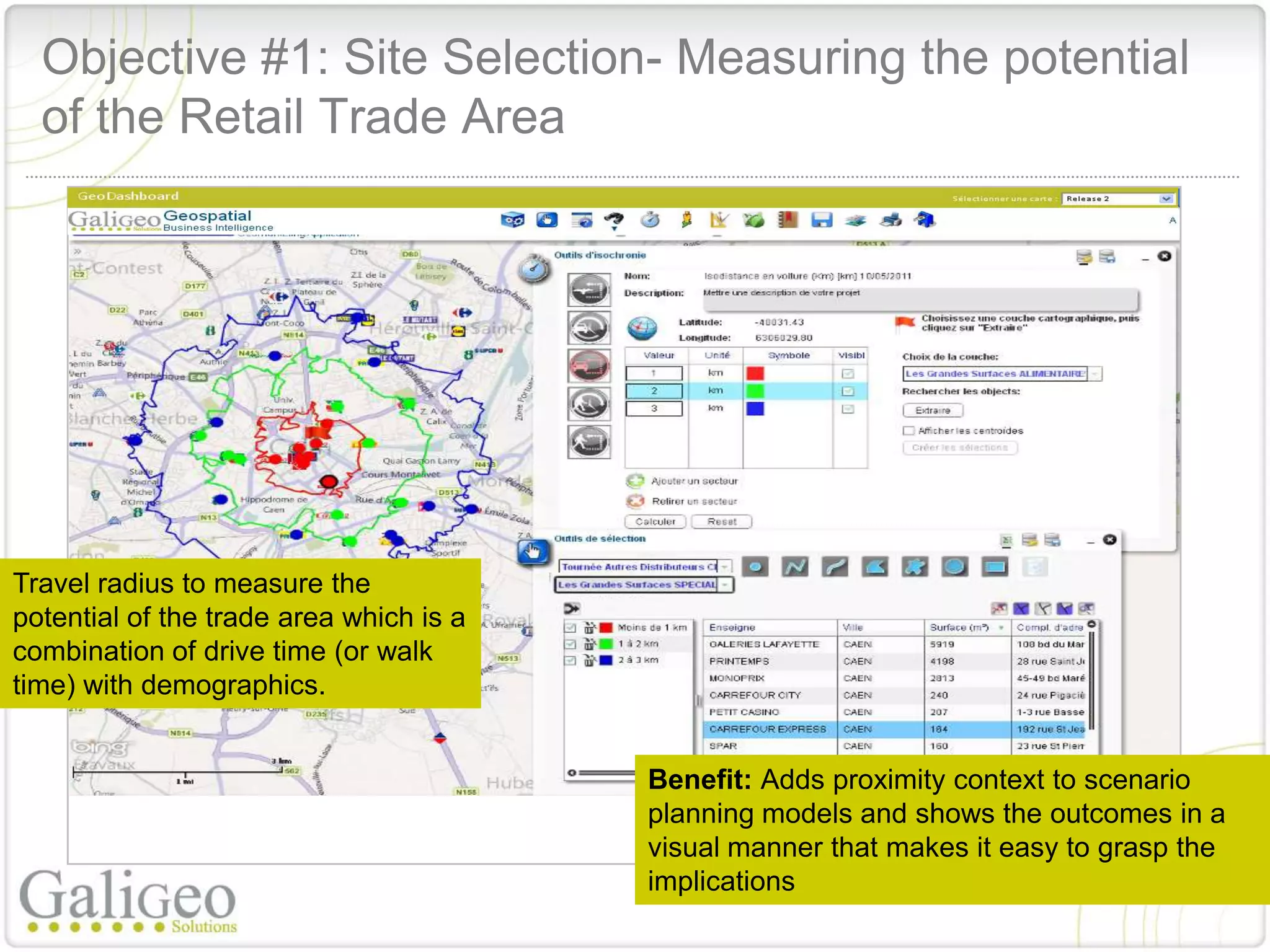 Objective #1: Site Selection- Measuring the potential
  of the Retail Trade Area




Travel radius to measure the
potential of the trade area which is a
combination of drive time (or walk
time) with demographics.


                                         Benefit: Adds proximity context to scenario
                                         planning models and shows the outcomes in a
                                         visual manner that makes it easy to grasp the
                                         implications
 