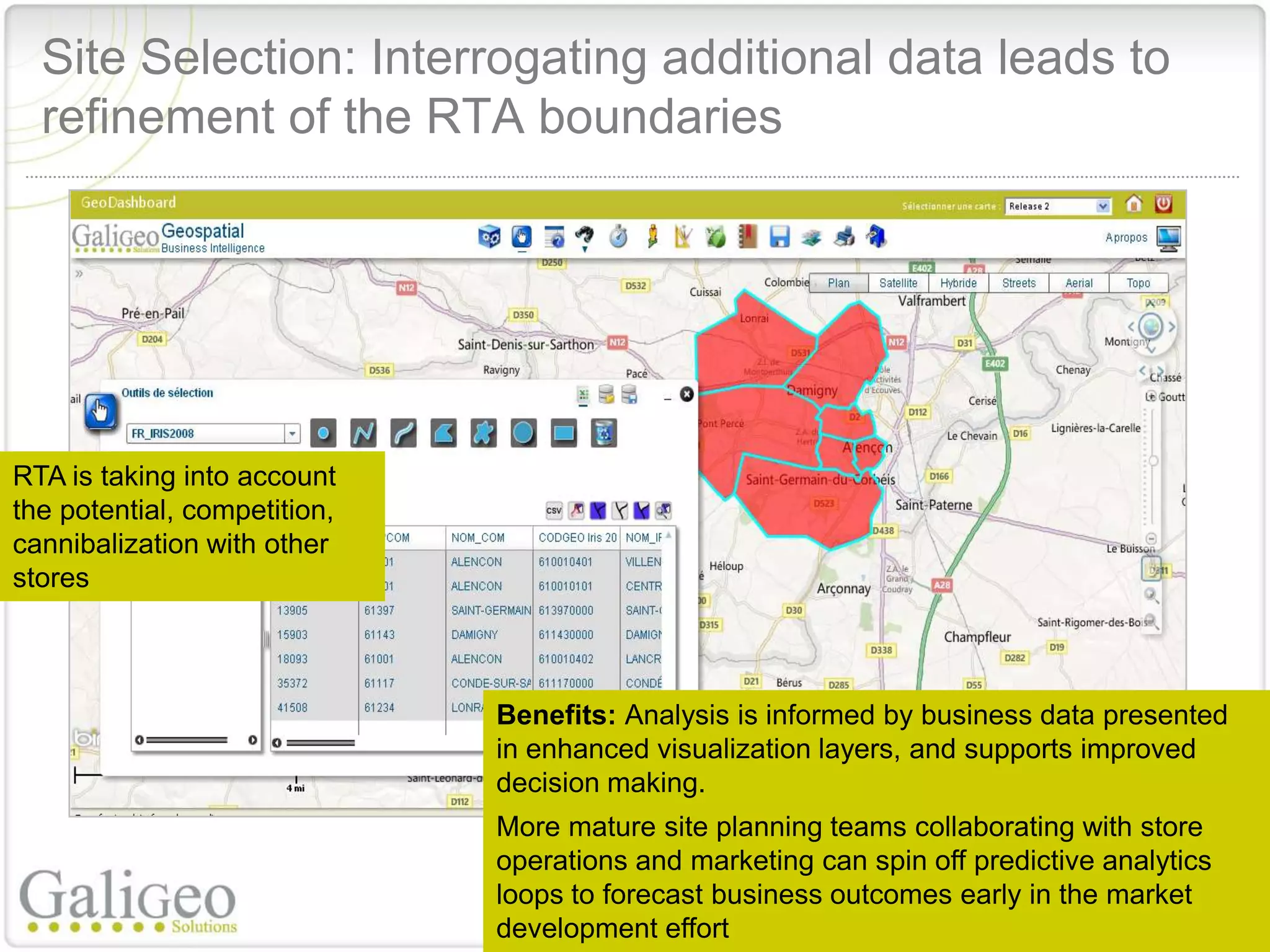 Site Selection: Interrogating additional data leads to
  refinement of the RTA boundaries




RTA is taking into account
the potential, competition,
cannibalization with other
stores



                              Benefits: Analysis is informed by business data presented
                              in enhanced visualization layers, and supports improved
                              decision making.
                              More mature site planning teams collaborating with store
                              operations and marketing can spin off predictive analytics
                              loops to forecast business outcomes early in the market
                              development effort
 