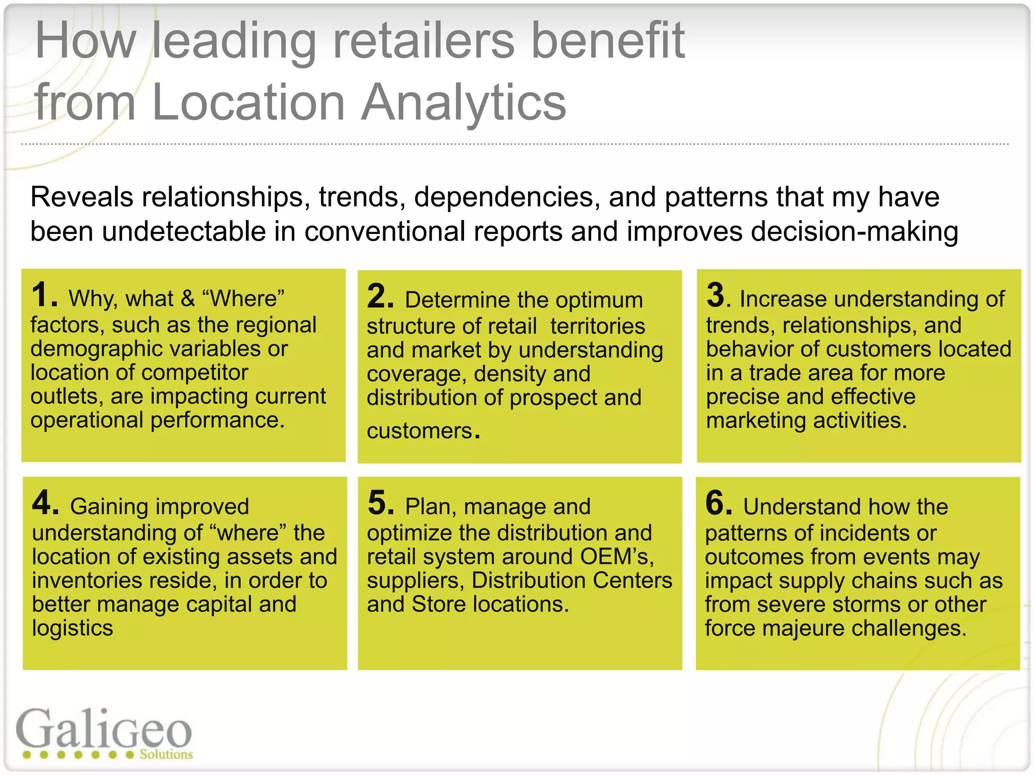How leading retailers benefit
from Location Analytics
Reveals relationships, trends, dependencies, and patterns that my have
been undetectable in conventional reports and improves decision-making

1. Why, what & “Where”            2. Determine the optimum          3. Increase understanding of
factors, such as the regional     structure of retail territories   trends, relationships, and
demographic variables or          and market by understanding       behavior of customers located
location of competitor            coverage, density and             in a trade area for more
outlets, are impacting current    distribution of prospect and      precise and effective
operational performance.          customers.                        marketing activities.


4. Gaining improved               5. Plan, manage and               6. Understand how the
understanding of “where” the      optimize the distribution and     patterns of incidents or
location of existing assets and   retail system around OEM’s,       outcomes from events may
inventories reside, in order to   suppliers, Distribution Centers   impact supply chains such as
better manage capital and         and Store locations.              from severe storms or other
logistics                                                           force majeure challenges.
 