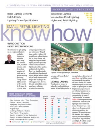 COMBINING QUALITY DESIGN AND ENERGY EFFICIENCY FOR SMALL RETAIL LIGHTING

                                                                                        S M A L L             R E TA I L     L I G H T I N G

    Retail Lighting Elements                                                         Basic Retail Lighting
    Helpful Hints                                                                    Intermediate Retail Lighting
    Lighting Fixture Specifications                                                  Higher-end Retail Lighting




knowhow
   SMALL RETAIL LIGHTING



    INTRODUCTION
    ENERGY EFFECTIVE LIGHTING
     The selection of the right lighting      saving energy, operating costs
     can be a major contribution to           and maintenance. This guide
                       retail sales.          shows you how it is done, with
                       Lighting can           sample layouts and specifications
                       establish a            that are energy effective, and
                       store's image,         energy code compliant. Retail
                       lead customers         lighting must have good color,
                       inside, focus their    contrast and balance between
“To attract my
customers, the
lighting MUST
                       attention, make
                       the products
                       attractive and
                                              lighted surfaces. Other qualities
                                              are listed in the chart below.
                                              There is no single formula for
                                                                                                                           basic
have good                                                                            Exposed sources give a bright, clean look.
color, contrast
                       visible, and in        all retail lighting. A professional
and the right          general encourage      lighting designer or retail designer                            size, and for three different types of
                                                                                     successful and "energy effective"
balance between purchasing.                   may be able to create successful
lighted areas.
                                                                                     retail lighting.         stores: Basic retail lighting systems
                       "Energy Effective"     designs while breaking all the                                  are appropriate for high activity,
It also should
be easy                lighting provides                                  LIGHTING LAYOUTS
                                              rules suggested here. However,                                  self-service retailing such as mass
to maintain.”          all these benefits     this guide is intended to provide
                                                                          These layouts are intended for      merchandising and discount stores.
Retail Owner,          for the lowest life-   sound advice and simple     independent retail establishments   Shelves are generally tall and dense.
Jon Megaris & Co
                       cycle cost, while      techniques for consistently between 500 and 1000 square feet in Bright surfaces, exposed sources
                                                                                                              and industrial luminaires are an
                                                                                                              important part of the approach,
       MOST IMPORTANT DESIGN
       FACTORS FOR RETAIL LIGHTING                                                                            communicating the image of
                                                            Feature General
                                                            Display       Retail     Cashier Circulation      "maximum value" to customers.
        Color Rendering Index / Color Temperature                                                             Higher-end retailing requires lower
        Contrast / Accent / Highlight                                                                         ambient levels and more accent
        Daylighting Integration / Control                                                                     lighting to create contrast and
        Direct Glare / Reflected Glare                                                                        drama. These stores have a more
        Image or Style                                                                                        relaxed level of customer activity
        Modeling of Objects / Shadows                                                                         with more personalized sales
        Visual Priority / Organization                                                                        assistance. The majority of stores
        Quantity of Light on Vertical Displays (fc)            d                                              fall in between these categories,
        Quantity of Light on Horizontal Surfaces (fc)                                                         requiring more ambient lighting
        Aiming Flexibility of Accent Lighting                                                                 than exclusive shops, with fewer
                                                                                                              accent lights. We call this category
           Very Important      Important    Somewhat Important * Adapted from the Lighting Design Guide.
                                                                 IESNA Lighting Handbook, 9th Edition         an intermediate retail store.
 