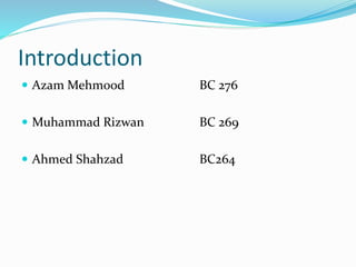 Introduction
 Azam Mehmood BC 276
 Muhammad Rizwan BC 269
 Ahmed Shahzad BC264
 