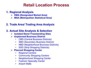 Retail Location Process
1. Regional Analysis
 DMA (Designated Market Area)
 MSA (Metropolitan Statistical Area)
2. Trade Area/ Trading Area Analysis
3. Actual Site Analysis & Selection
 Isolated Store/ Freestanding Sites
 Unplanned Business District
• CBD (Central Business Districts)
• SBD (Secondary Business District)
• NBD (Neighborhood Business Districts)
• SSD (Strip Shopping Districts)
 Planned Shopping Center
• Regional Centers
• Community Shopping Centers
• Neighborhood Shopping Center
• Fashion/ Specialty Center
• Airport Malls
 