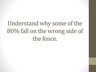 Understand why some of the
80% fall on the wrong side of
the fence.
 