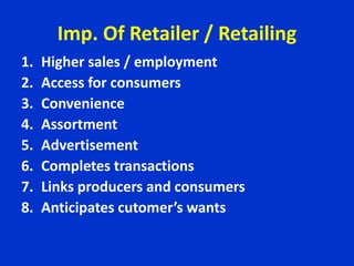 Imp. Of Retailer / Retailing
1. Higher sales / employment
2. Access for consumers
3. Convenience
4. Assortment
5. Advertisement
6. Completes transactions
7. Links producers and consumers
8. Anticipates cutomer’s wants
 