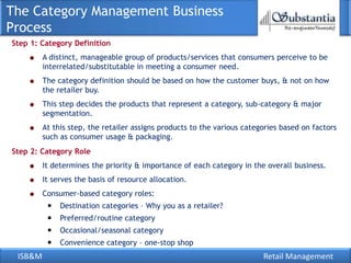 The Category Management Business
Process
Step 1: Category Definition
         A distinct, manageable group of products/services that consumers perceive to be
         interrelated/substitutable in meeting a consumer need.
         The category definition should be based on how the customer buys, & not on how
         the retailer buy.
         This step decides the products that represent a category, sub-category & major
         segmentation.
         At this step, the retailer assigns products to the various categories based on factors
         such as consumer usage & packaging.
Step 2: Category Role
         It determines the priority & importance of each category in the overall business.
         It serves the basis of resource allocation.
         Consumer-based category roles:
              Destination categories – Why you as a retailer?
              Preferred/routine category
              Occasional/seasonal category
              Convenience category – one-stop shop
 ISB&M                                                                   Retail Management
 