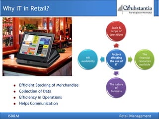 Why IT in Retail?

                                                              Scale &
                                                             scope of
                                                            operations




                                                              Factors            The
                                                 HR          affecting        financial
                                             availability   the use of       resources
                                                                 IT           available




         Efficient Stocking of Merchandise                  The nature
                                                                of
         Collection of Data                                  business

         Efficiency in Operations
         Helps Communication


 ISB&M                                                             Retail Management
 