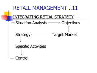 RETAIL MANAGEMENT ..11 INTEGRATING RETIAL STRATEGY   Situation Analysis Objectives Strategy Target Market Specific Activities Control 