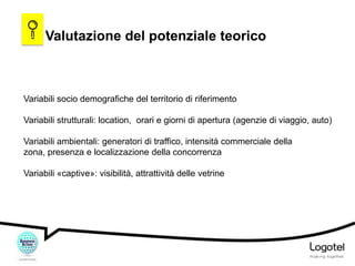 Valutazione del potenziale teorico

Variabili socio demografiche del territorio di riferimento
Variabili strutturali: location, orari e giorni di apertura (agenzie di viaggio, auto)
Variabili ambientali: generatori di traffico, intensità commerciale della
zona, presenza e localizzazione della concorrenza

Variabili «captive»: visibilità, attrattività delle vetrine

 
