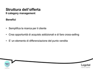 Struttura dell’offerta
Il category management
Benefici

• Semplifica la ricerca per il cliente
• Crea opportunità di acquisto addizionali e di fare cross-selling
• E’ un elemento di differenziazione del punto vendita

 
